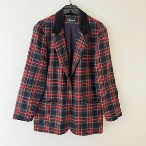 VTG Plaid Blazer Red Tartan Check 80s Preppy Wool Jacket Holiday Velvet Size 12